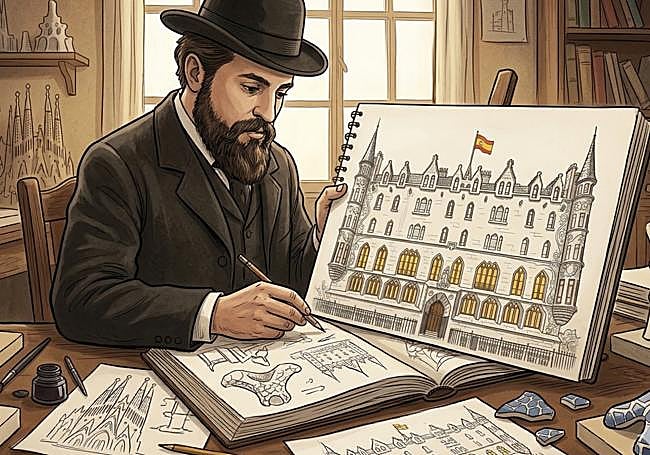 Recreación con IA de Gaudí trazando los planos de Botines.