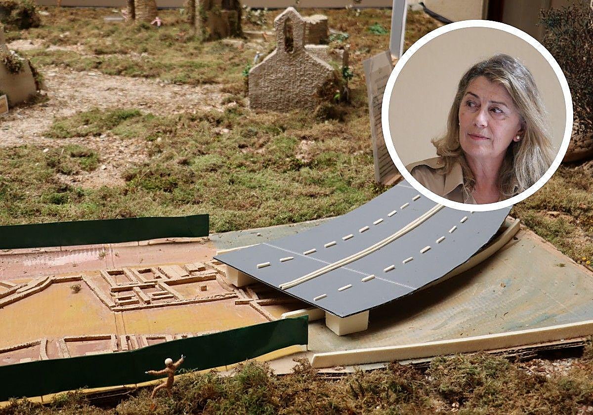 El yacimiento de Ad Legionem tapado por una carretera y, en pequeño, la presidenta de Promonumenta.