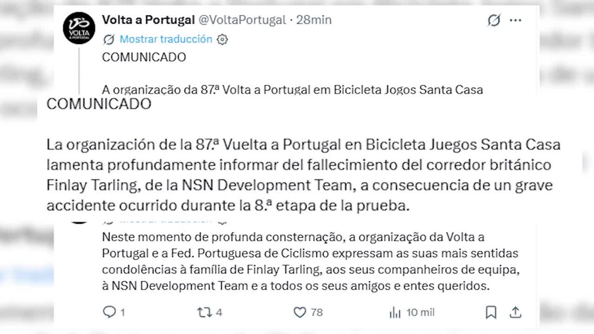 Muere el ciclista galés Finlay Tarling durante la Vuelta a Portugal
