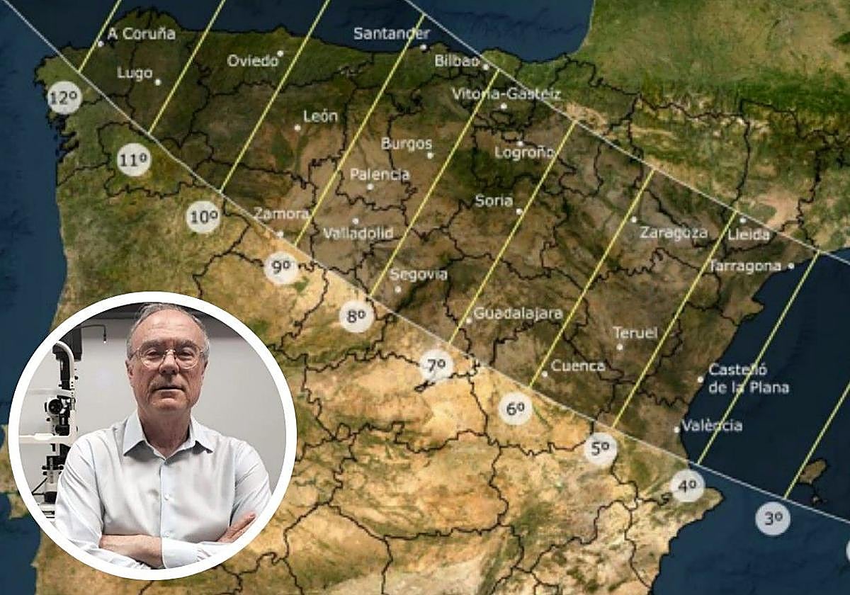 La franja de totalidad del eclipse y, en pequeño, el óptico José María Martínez.