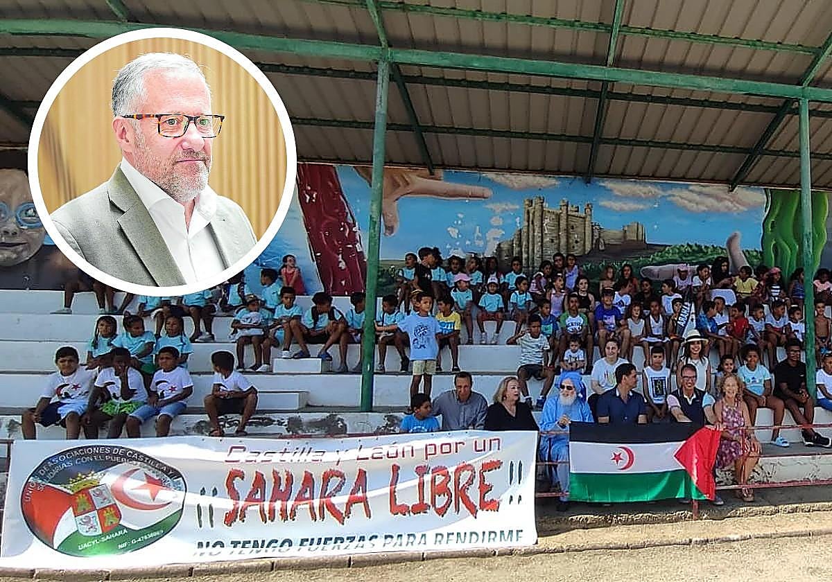 Acto de niños saharauis en Valencia de Don Juan y en pequeño, Carlos Pollán.
