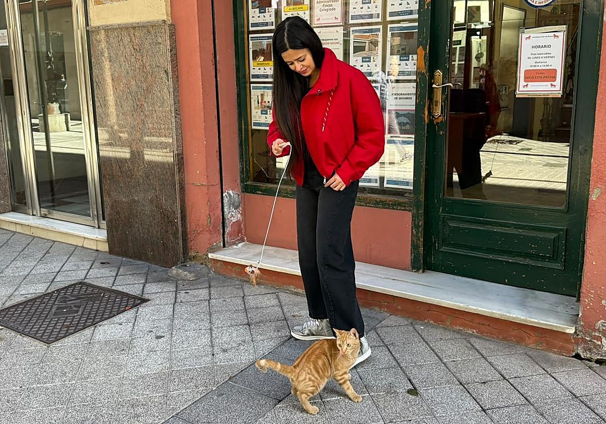 Natalia San Martín, propietaria de Golden Bee Gallery Tattoo, junto a uno de los tres gatos que están en adopción.