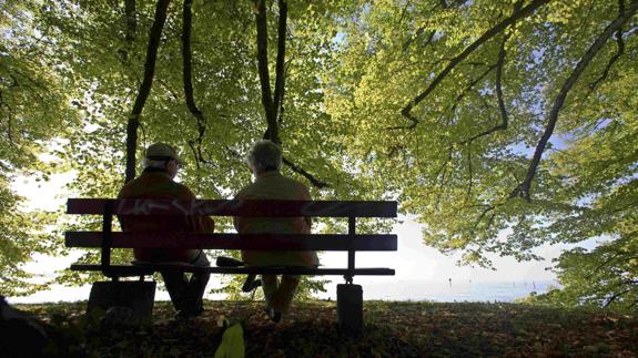 Una pareja de ancianos sentados en un banco.