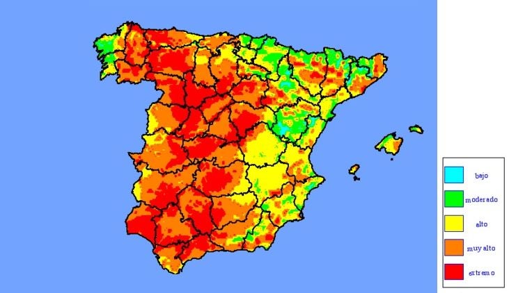 Imagen del mapa de riesgo de incendios para este miércoles.