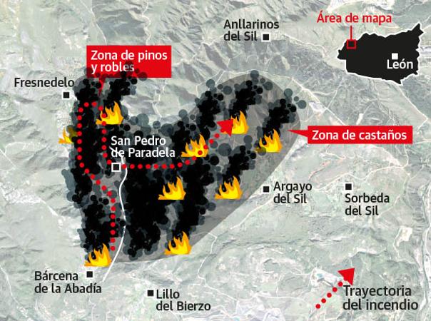 Evolución del incendio y zona arrasada por las llamas. 