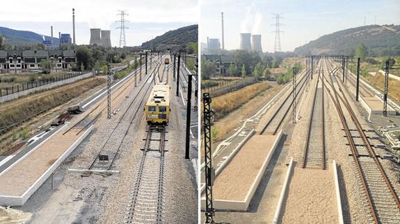Izquierda: septiembre 2015. El montaje de vía centraba los trabajos en las proximidades a La Robla, con maquinaria nivelando los carriles. Derecha: septiembre 2016. La vía está entregada y los topes listos; los pocos operarios que quedan se centran en instalar la fibra y las balizas