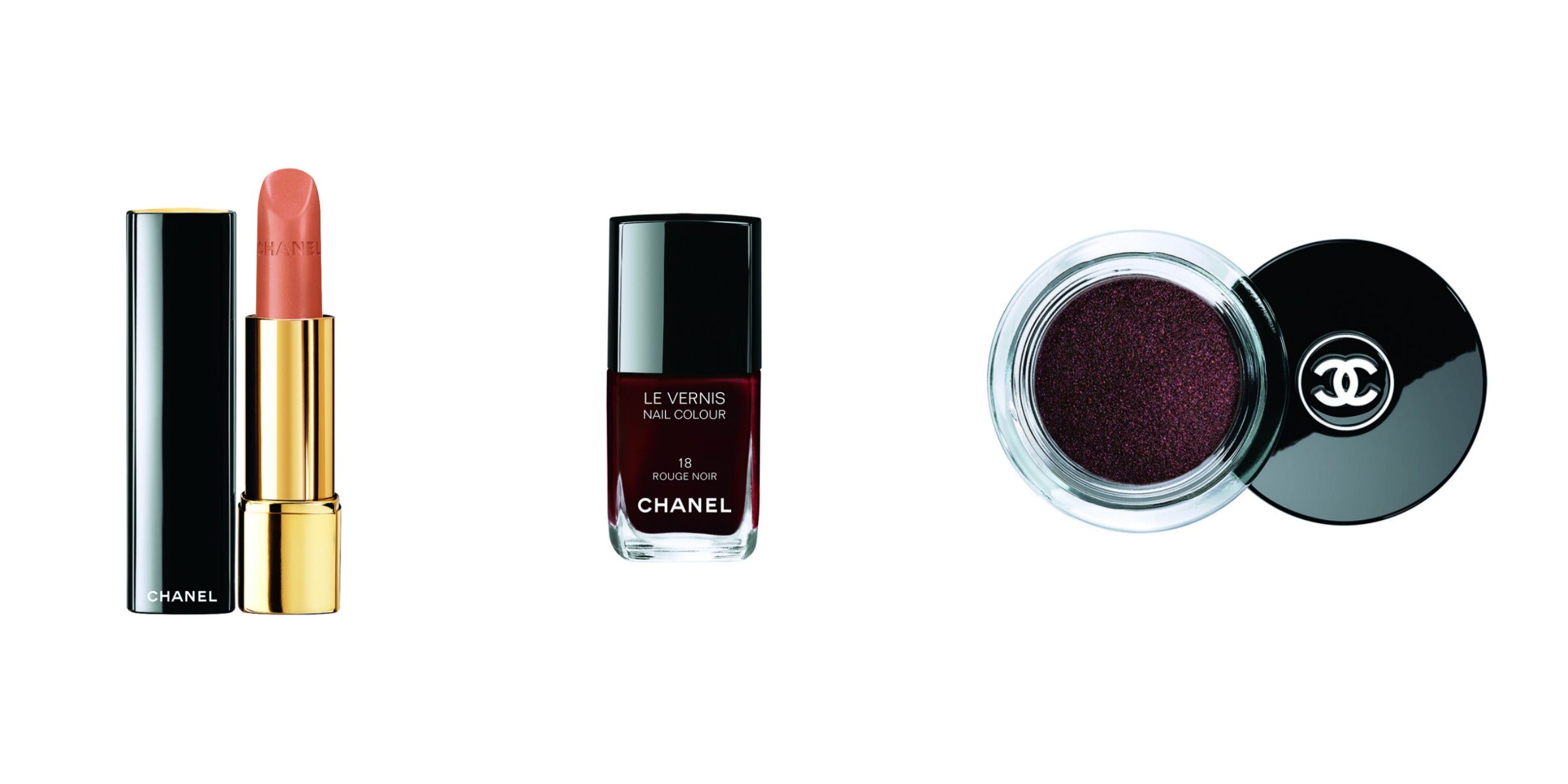 Uñas noir Rouge Allure 162 Pensive; Le Vernis Rouge Noir; y sombra de ojos Illusion Dombre 857 Rouge Noir. De la firma Chanel.