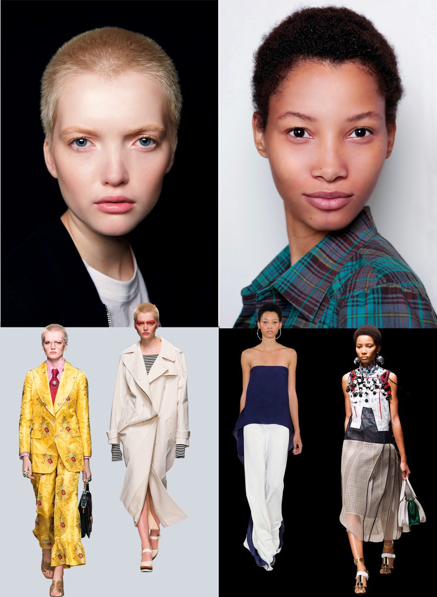 La morena: Lineisy Montero, dominicana de 19 años. La rubia: Ruth Bell, británica de la misma edad. Ambas son la sensación de los últimos desfiles y campañas. Y ambas tienen una belleza contemporánea, es decir, una poderosa individualidad. En el caso de Lineisy, su mini afro natural incendió las redes cuando desfiló por primera vez con Prada. A Ruth Bell le cambió la vida un corte de pelo para una campaña de McQueen. Tras raparse, se convirtió en un poderoso y contracultural objeto de deseo y en la nueva musa de Saint Laurent. No olvides sus nombres. (Gucci, Maxmara, Ralph Lauren, Prada)