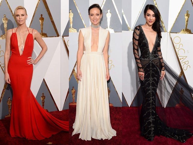 El escote en uve llevado hasta su versión más seductora ha sido el escogido por actrices como Charlize Theron, Olivia Wilde y Jane Wu.