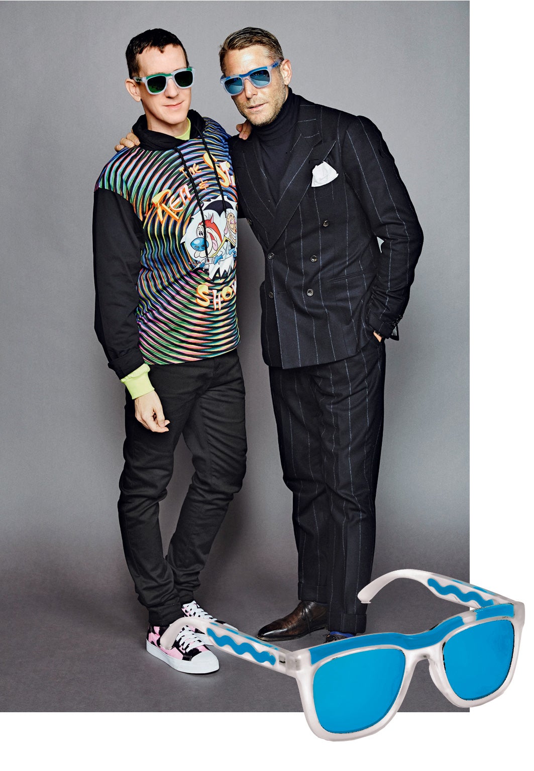 Italia independent ha fichado a Jeremy Scott para crear una colección de gafas que une su esencia pop con la elegancia italiana que representa Lapo Elkann, heredero de los Agnelli, y dueño de la firma. (Jeremy Scott y Lapo Elkann)