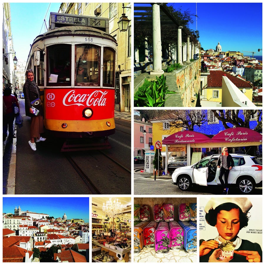 Delicatessen en la tienda Silva & Feijóo. María en el Palacio da Regaleira y junto a su Peugeot 2008. La Iglesia de Sao Vicente de Fora. Subiendo a uno de los típicos tranvías lisboetas. Típicas sardinas Porthos en Silva & Feijóo, Lisboa desde el mirador de Santa Lucía y heladería Santini en Estoril.