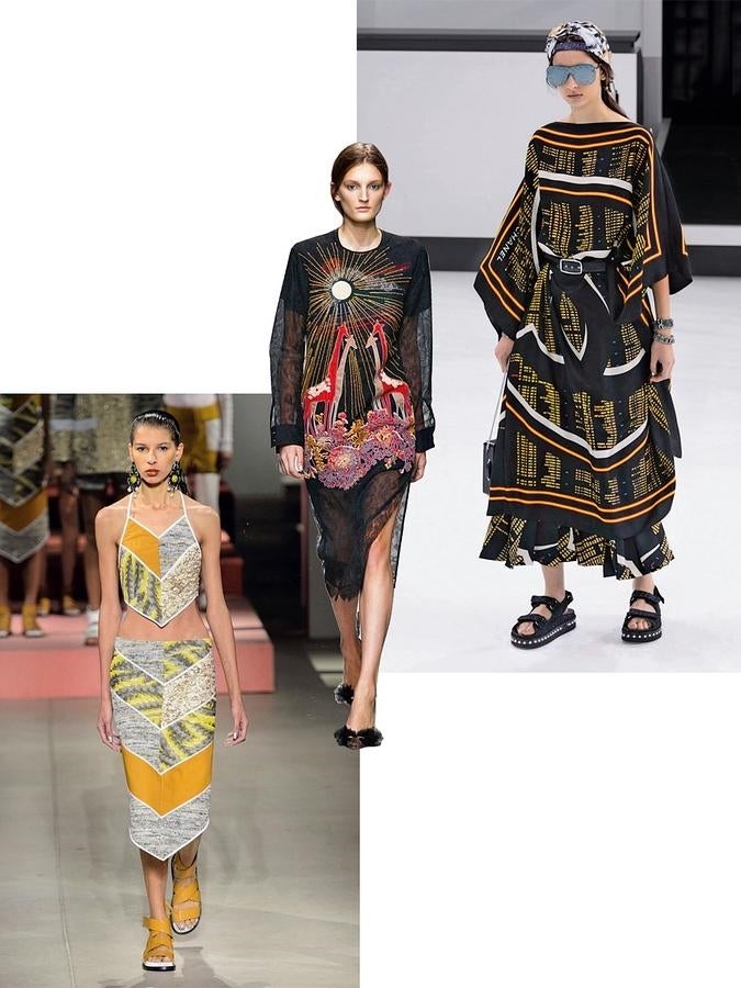 El continente africano vuelve a ser, una vez más, el destino donde el sur se pierde. Vestidos de estampado étnico, dibujos de animales o conjuntos de inspiración tribal son sus mejores exponentes. (Kenzo, Rochas, Chanel)