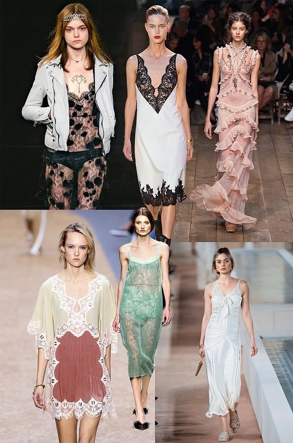 La lencería sale a la calle sin complejos y despliega todos sus encantos. Satén, encaje y organza; volantes, transparencias y plisados en vestidos muy trabajados que demuestran que, esta temporada, la belleza está en el interior... pero hay que sacarla a pasear. (Saint Laurent, Chloe, Celine, MCQueen, Rochas, Balenciaga)