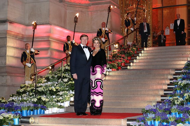 Para la recepción de gala que se ofreció en su honor en el Petit Palais, Máxima de Holanda se decantó por un llamativo vestido firmado por Tom Ford con escote en uve, cuerpo negro y falda con estampado psicodélico en fucsia y blanco. La Reina completó su estilismo de noche con unas sofisticadas joyas, salones negros y, aunque no se aprecie en esta imagen, medias negras. En la parte 'beauty', el recogido le sumaba un par de años, pero estaba radiante.