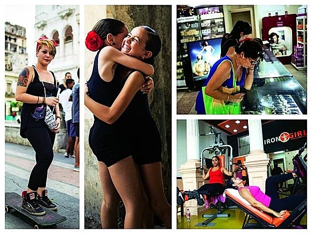 Gimnasios, paladares y tiendas con productos de lujo para los cubanos, como perfumes o relojes occidentales, se encuentran entre los nuevos negocios. A la dcha., una skater y dos jóvenes bailarinas.