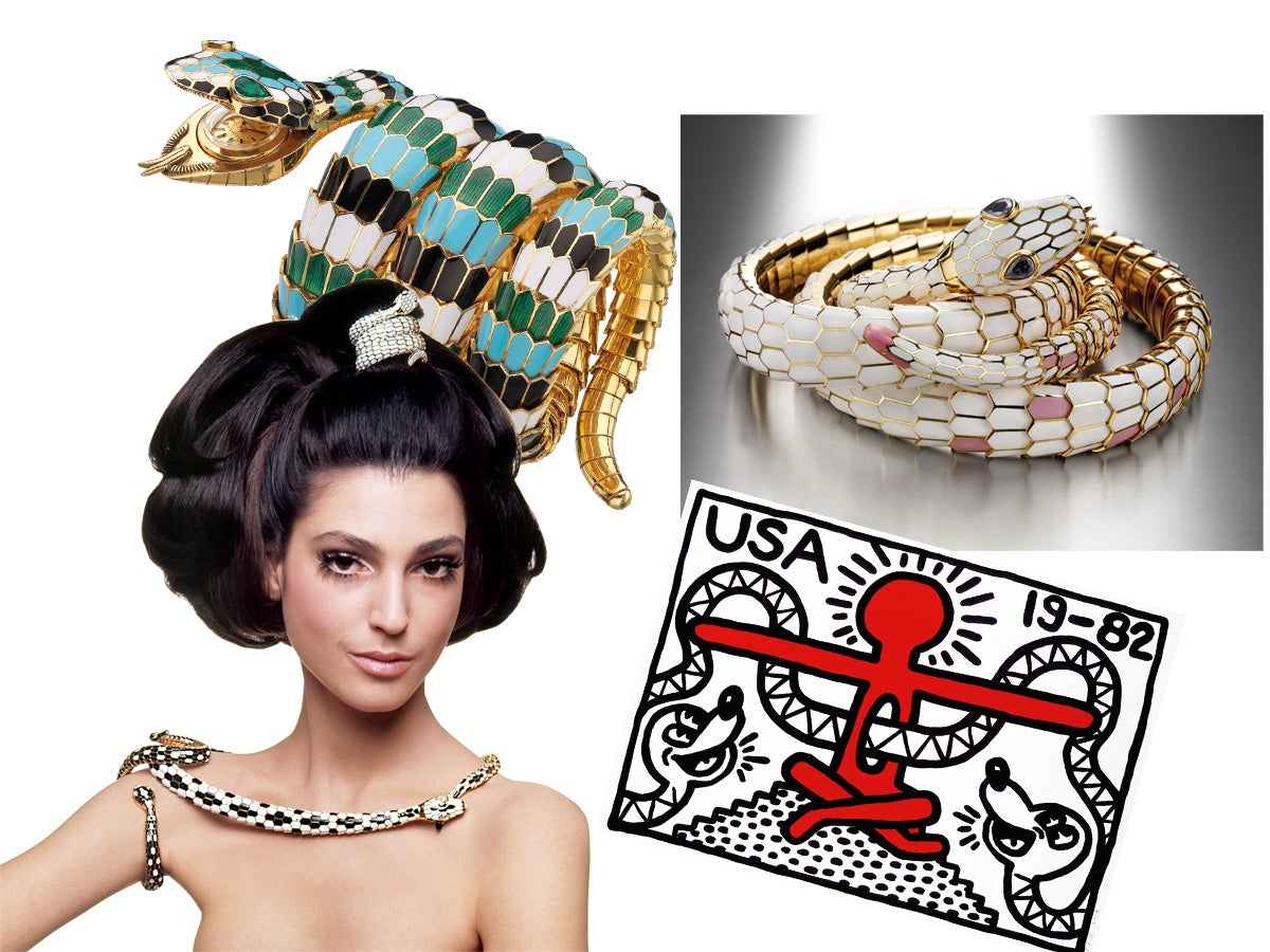 La serpiente es fuente de inspiración desde tiempos inmemoriales y Bulgari, que la ha convertido en uno de sus emblemas, patrociona una excelente exposición en Roma, SepentiForm, en la que recoge desde piezas de Pompeya cedidas por el Museo Arqueológico de Nápoles, hasta cuadros de Keith Haring, esculturas de Alexander Calder o alfombras de Fornasetti. La muestra, en el Museo di Roma-Palazzo Braschi, cierra el 10 de abril. (Reloj (1967) y collar y adorno de pelo (años 70), de Bulgari.)