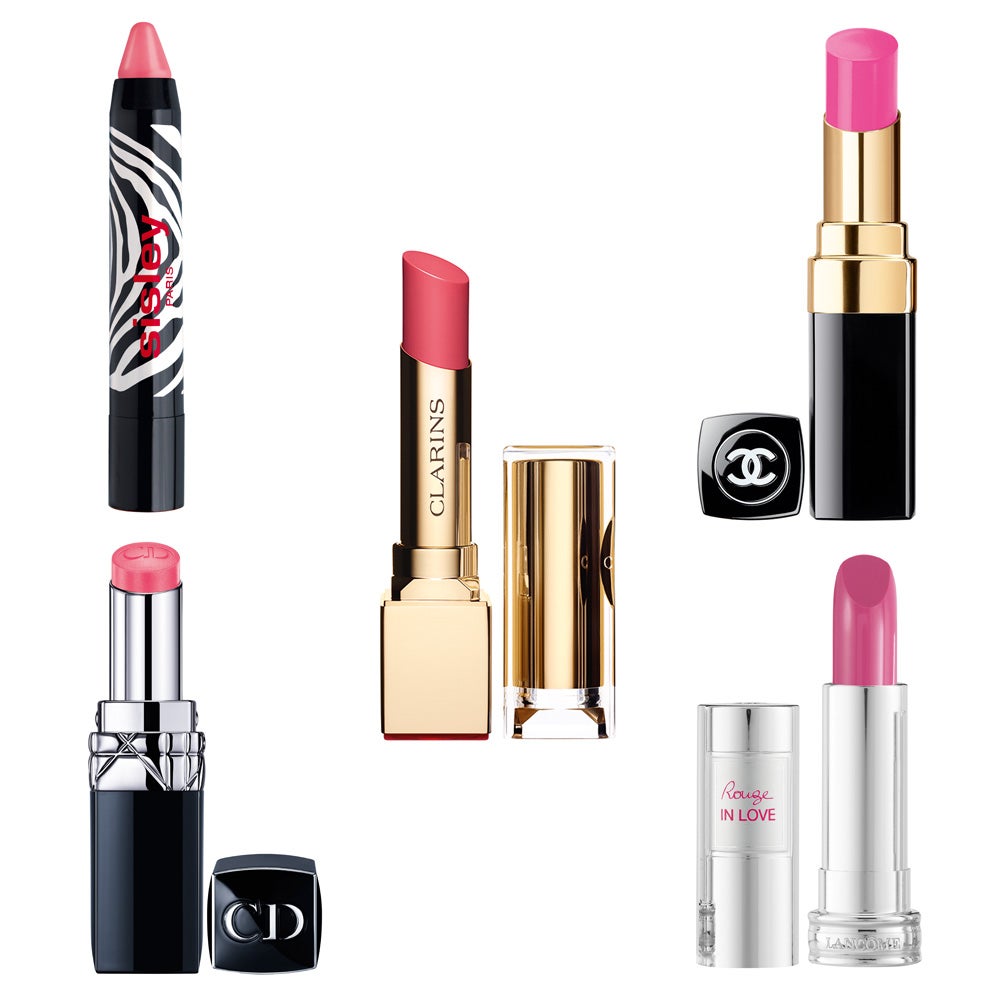 Phyto-Lip Twist 10 Sugar de Sisley (36€); Rouge Baume 750 de Dior (36€); Rouge Eclat 25 pink blossom de Clarins (23,50€); Rouge Coco Shine tono Mighty de Chanel (32,50€); Rouge in Love 343B Rose Haussmann de Lancôme (28,50€)