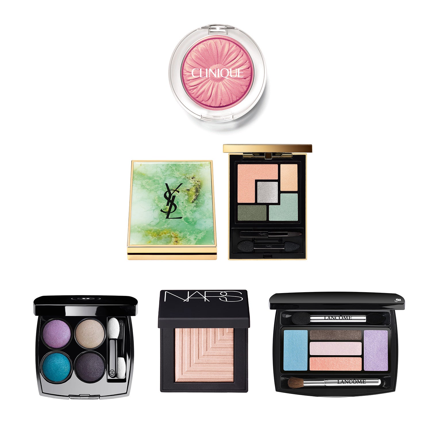 Sombra de ojos Pop tono Petal de Clinique (19€); Paleta de sombras Indie Jaspe de YSL (61€); Paleta de 4 sombras Tissé Beverly Hills de Chanel (52,50€); Sombra de ojos Dual-Intensity tono Topless de Nars (27€) Paleta Hypnôse (edición limitada) de Lancôme (57€)