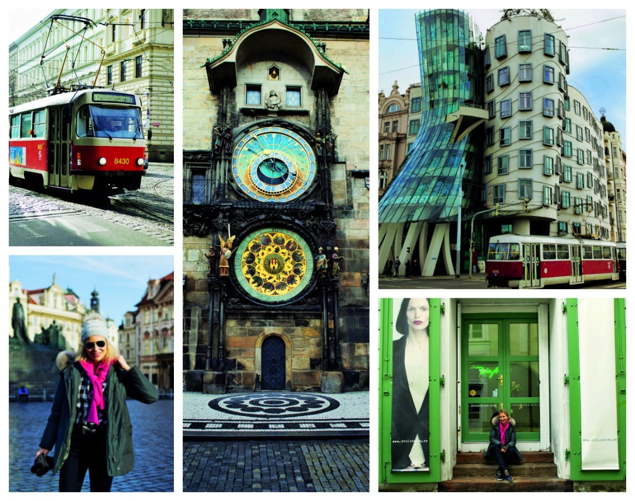 Arriba, el reloj astronímico, símbolo de Praga; izquierda, típico tranvía; y el Edificio Danzante, tambien conocido como Ginger & Fred (derecha). Abajo, izquierda, paseando por la Plaza de la Ciudad Vieja; y tomando un descanso en una tienda de moda (derecha).