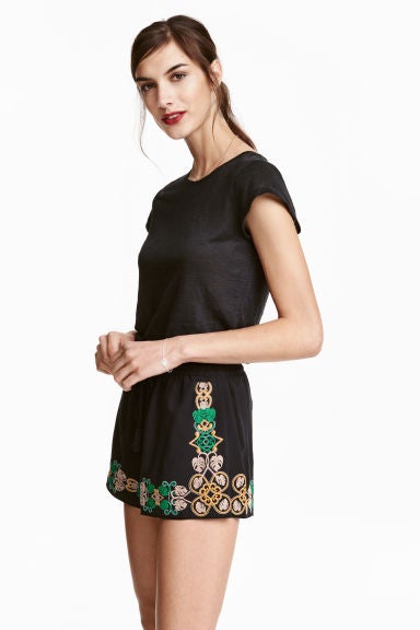 Escoge prendas con bordados primaverales que den un toque de color al look (Shorts de H&M, precio 24'99€)