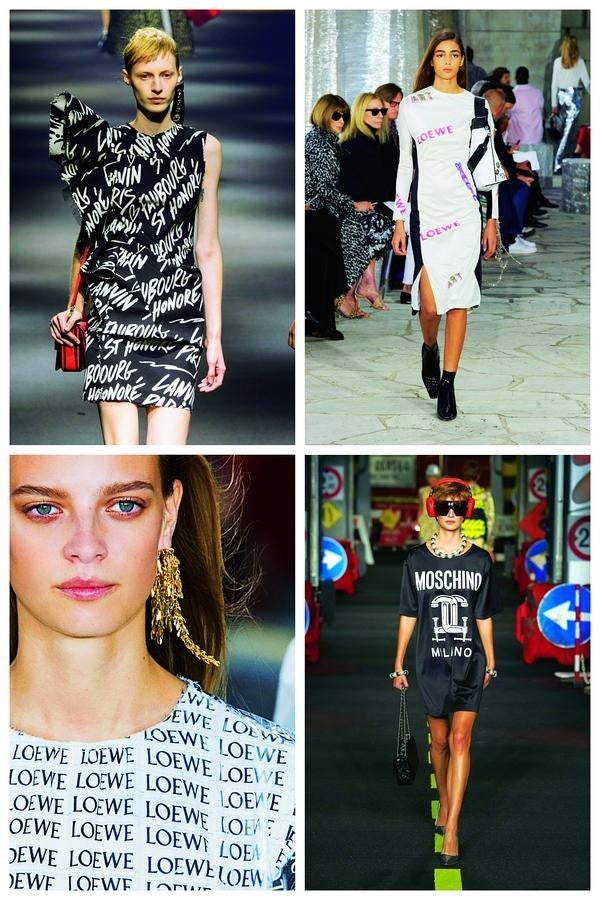 Marca, marca, marca. Vuelve la obsesión de los 90 por el estampado con anagramas. Con nombre... y que se note: vestidos de Lanvin, Loewe y Moschino; y camiseta de Loewe.