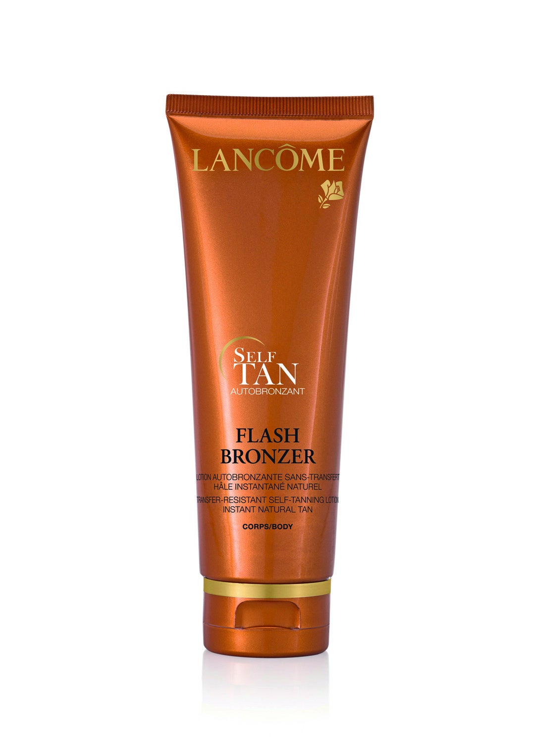 Soleil Bronzer Flash Bronzer Self-Tanning Lotion de Lancôme. Loción autobronceadora para el cuerpo que no deja manchas. Se seca en pocos minutos. Su textura con color garantiza una aplicación y una cobertura uniforme, para un bronceado natural, sin marcas. Enriquecida con vitamina E. (31,50€).