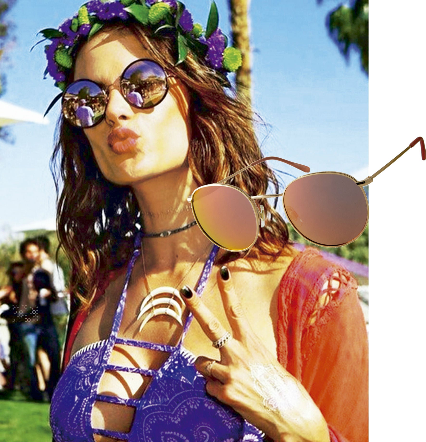 Desde Woodstock, en 1969, las gafas circulares, como las que llevaba John Lennon, son el accesorio imprescindible de cualquier festival de música. Las de Alessandra Ambrosio en Coachella son de espejo, pero hay infinitas versiones. (Gafas de Custo Barcelona para Opticalia)