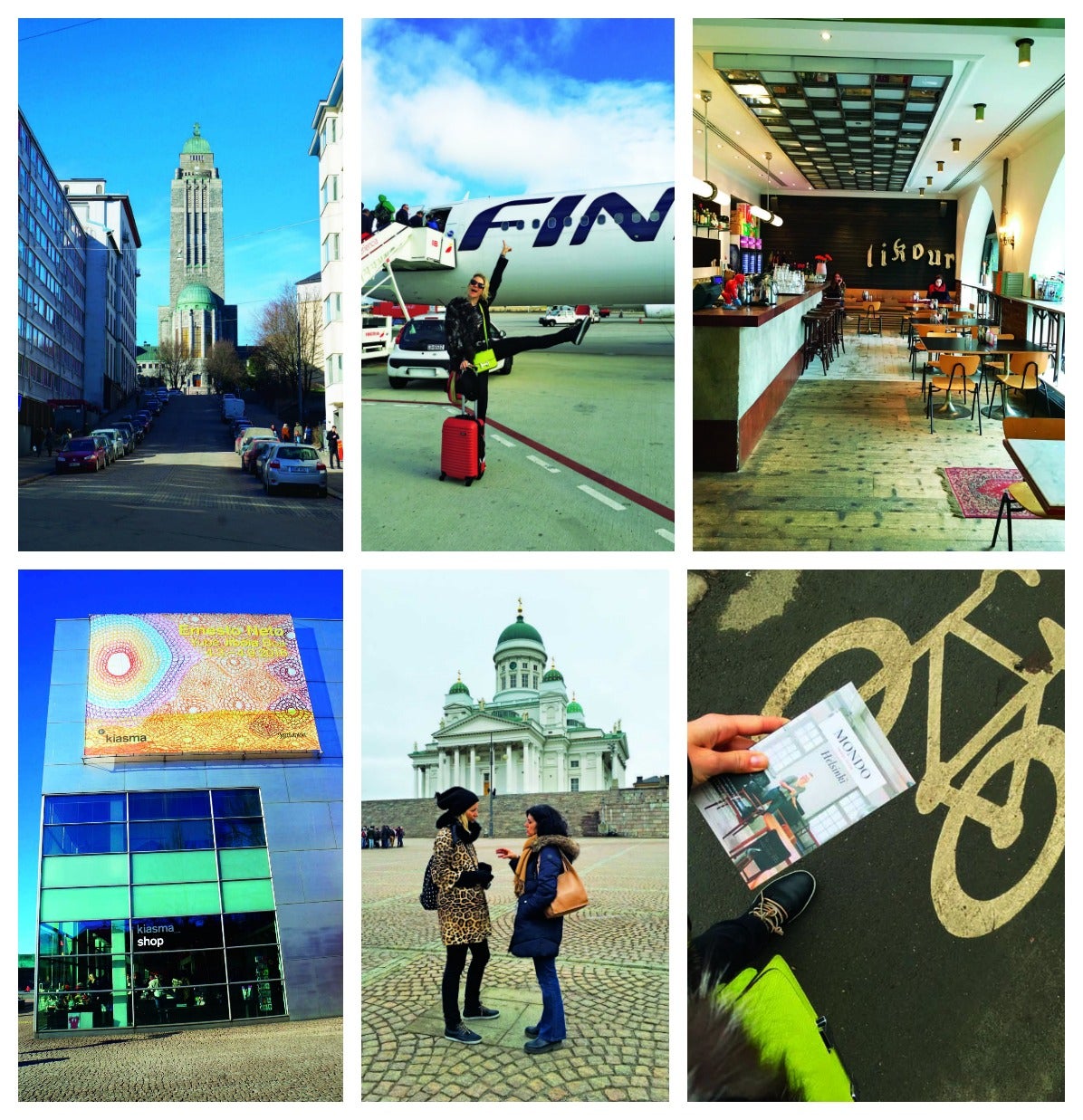 El famoso Kiasma, el Museo de Arte Contemporáneo de Helsinki. Calle del barrio de Kallio. Plaza del Senado con la catedral blanca luterana en el fondo. Restaurante The Cock y a punto de coger el avión.