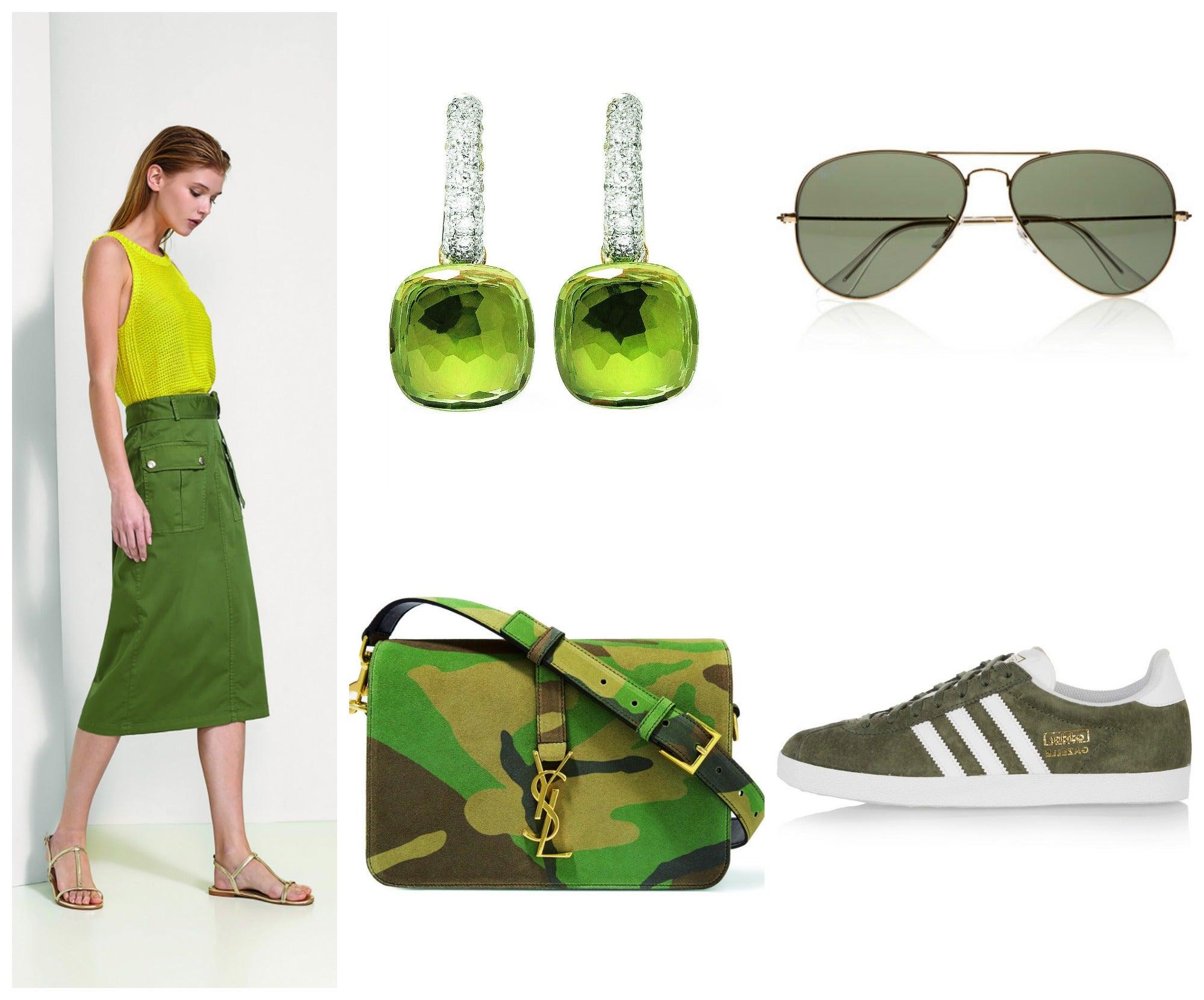 El ejército de la moda hace piña a favor de uno de los colores del momento: el verde camuflaje. No solo en prendas lisas, también combinadas con otra gamas del mismo tono (como en Javier Simorra), o en el clásico de campaña, el más reconocible (Saint Laurent). Lo verás en gafas de sol e incluso en joyas. ¿A qué esperas para alistarte? (Javier Simorra, Adidas, Pomelato, Ray-Ban y Saint Laurent)