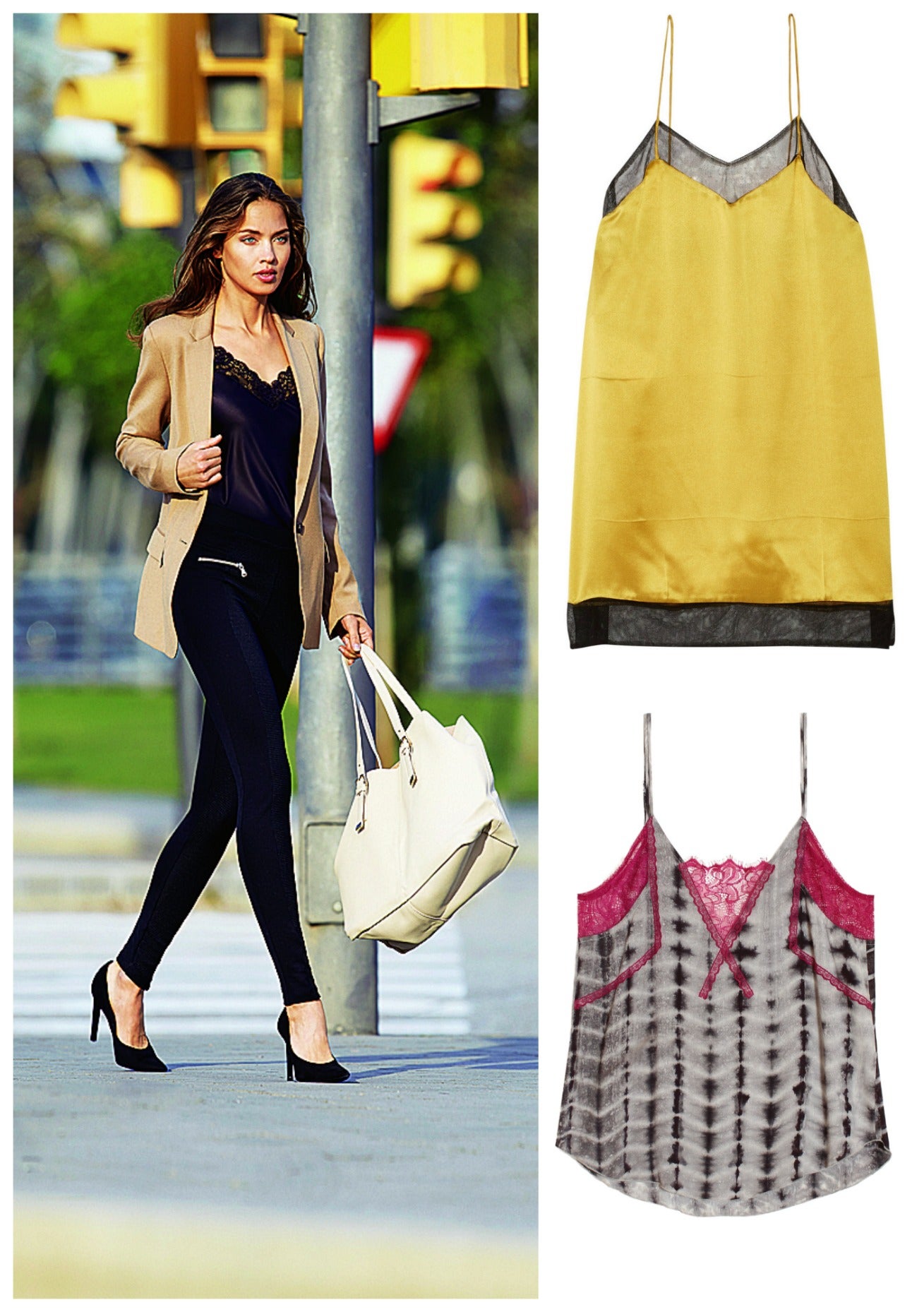 Que ste verano se llevan las prendas inspiradas en la lencería es un hecho. Pero ponerse casi un camisón para salir a la calle o ir a la oficina no es tan fácil. Reinventa la tendencia y adáptala a tu día a día con un top. De raso, algodón, seda... y con un detalle de encaje o tul que le de ese aire sleeper romántico. Será un acierto seguro.