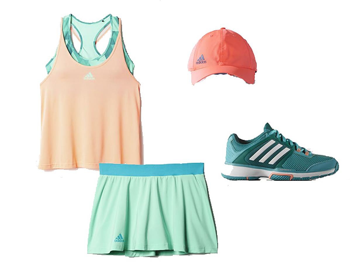 Los tonos turquesas y melocotón, perfectos para jugar al tenis en la temporada estival. Así es nuestra propuesta de Adidas.
