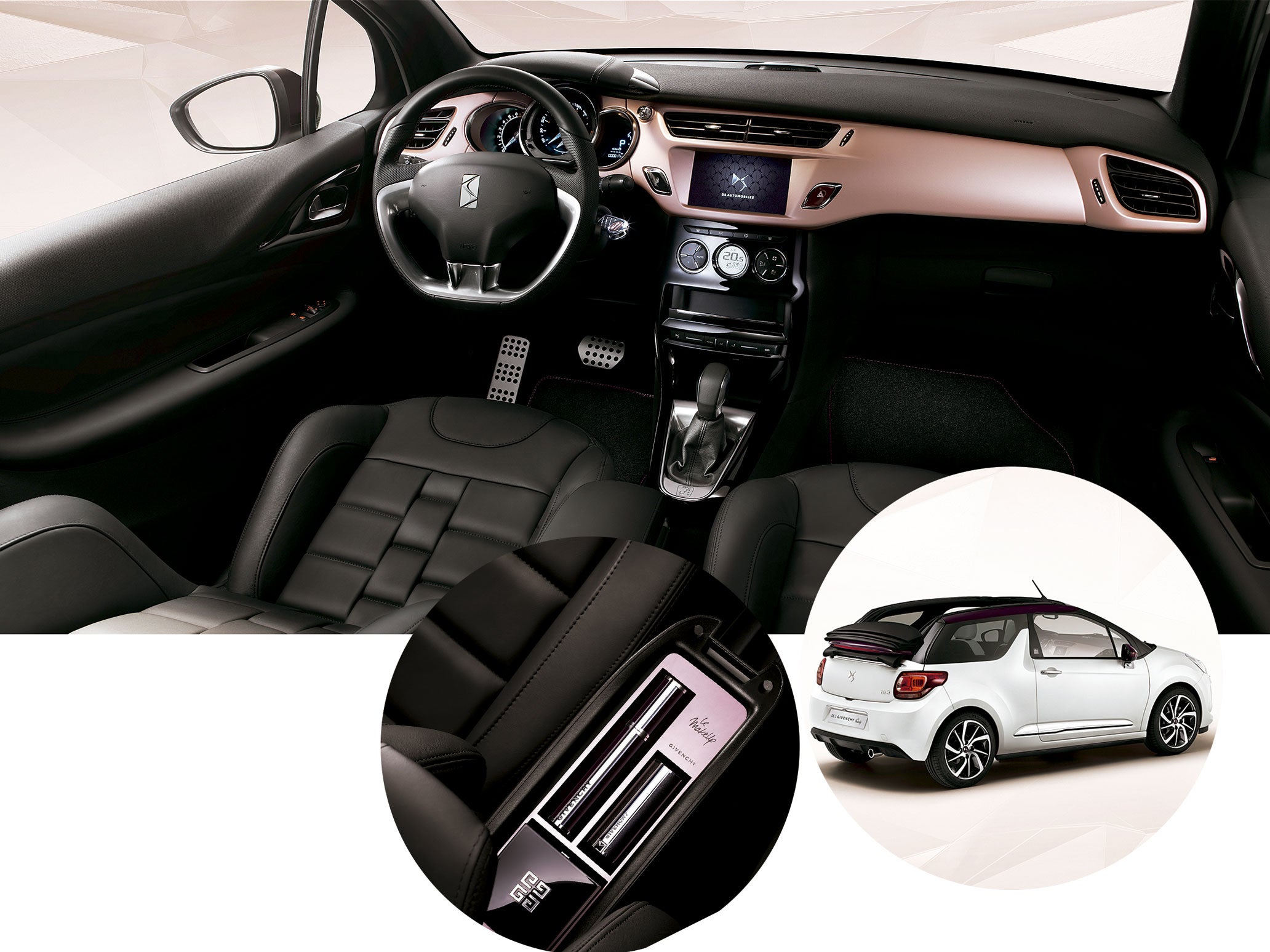 DS 3 se viste de edición limitada como DS 3 Givenchy Le Make Up, con la maison francesa de moda. ¿El resultado? Un modelo en un blanco perla exclusivo, con interiores en tonos maquillaje, cosméticos en el reposabrazos, sistema de iluminación especial...