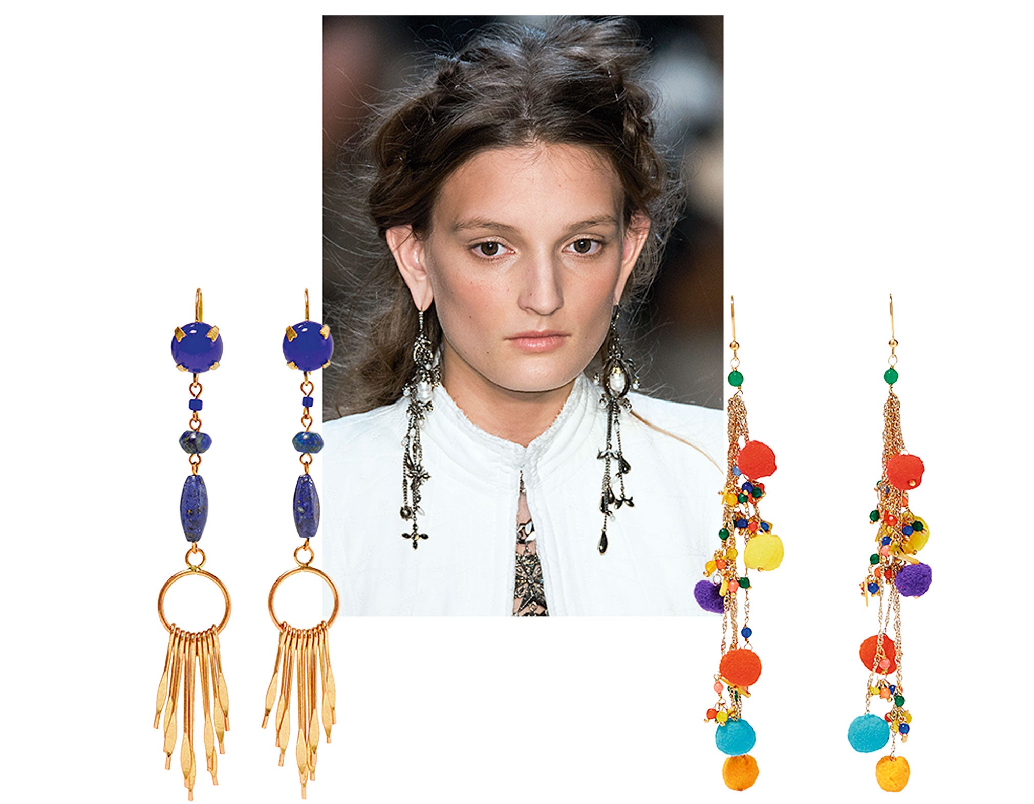 Los llevarás colgados de las orejas, como siempre, pero ahora deben reposar sobre los hombros. Los pendientes más cool del verano llegan extralargos, para sobrepasar la clavícula. Eso sí, elígelos en materiales muy ligeros para poder lucirlos a todas horas. (Propuesta en el desfile de Alexander McQueen; Bicolor de Isabel Marant; Con pompones de colores, de Rosantica)