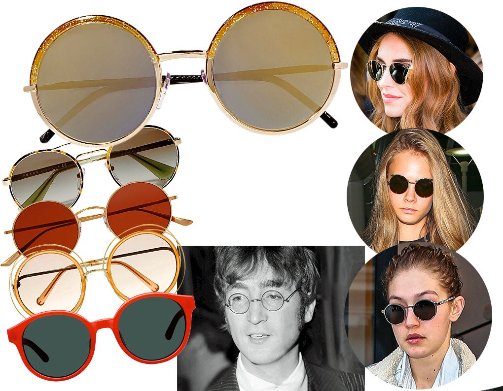 Fueron icónicas en el look de dos hombres que hicieron historia: Mahatma Gandhi y John Lenon. Y la versión para sol que el músico popularizó vuelve a sonar en conciertos y festivales. De Coachela a Burning Man, las "it girls" no se las quitan. (Cutier and Gross, Prada, Oliver Peoples, Chloé, Kaleos; Chiara Ferragni, Cara Delevigne, Gigi Hadid, John Lenonn)