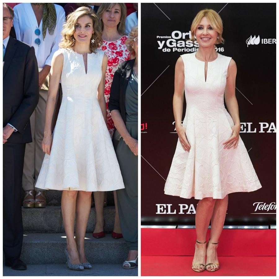 Letizia firmó con este vestido de Carolina Herrera su mejor look de lo que va de verano, combinándolo con sus salones de pitón de Magrit. Eso sí, la actriz defendió su look a las mil maravillas, y nos encanta cómo queda con sandalias doradas minimal. Empate técnico.