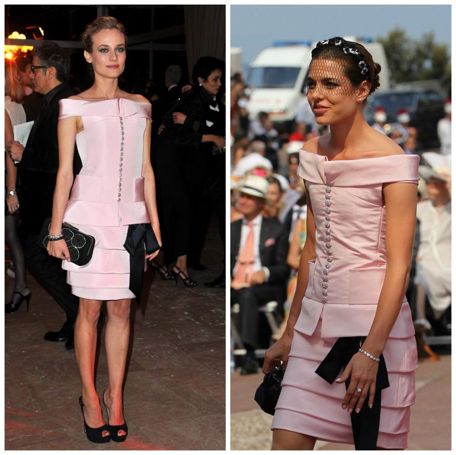 Este vestido de Chanel en rosa palo con detalles en negro nos conquistó en 2011. A Diane Kruger le sienta mejor por su cuerpo, pero nos encanta cómo lo combinó Carlota con ese tocado en la boda de Alberto de Mónaco.