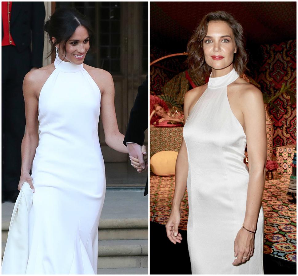 Katie Holmes lució perfecta durante un evento en Nueva York al elegir el mismo outfit con el que Meghan Markle sorprendió después de su boda con el Príncipe Harry. La pieza de la duquesa de Sussex estaba firmada por Stella McCartney, mientras que el de Holmes es de Alice + Olivia. El vestido también tiene otra diferencia, el de Holmes es de largo midi, y no largo como el de Markle.