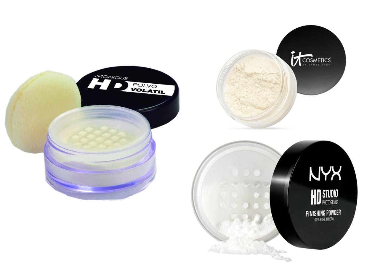 Tres marcas expertas en maquillaje HD. Polvos translúcidos y volátiles que fijan el maquillaje, de Monique (18,26 €. Venta directa www.moniquearnold.com) Bye Bye Pores Silk HD Anti-Aging Micro-Powder, de IT Cosmetics by Jamie Kern (21,50 €). High Definition Finishing Powder, de NYX  (8,99€, en Douglas).
