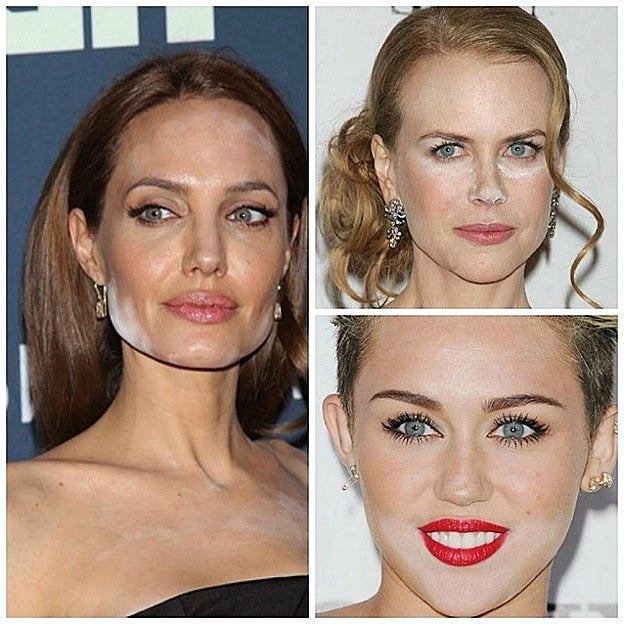 Angelina Jolie, Nicole Kidman y Miley Cyrus muestran cómo las partículas del maquillaje HD expuestas a los flashes aparecen como manchas blancas en su piel.