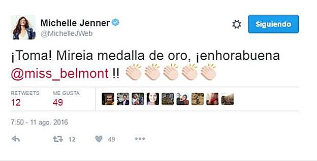 Así celebraba Michelle Jenner la medalla de Mireia en Río.