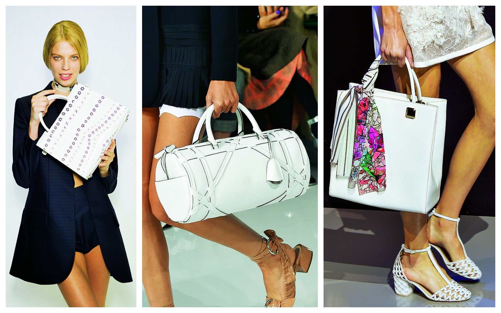 Puede ser a juego con los zapatos (como Elie Saab) o en otro tono neutro (en Dior apuestan por un calzado en beis). Sea como sea, en tu maleta no puede faltar un bolso blanco. Y no solo para el día, porque se convertirá en tu mejor aliado las 24 horas. (Dior, Ellie Saab)