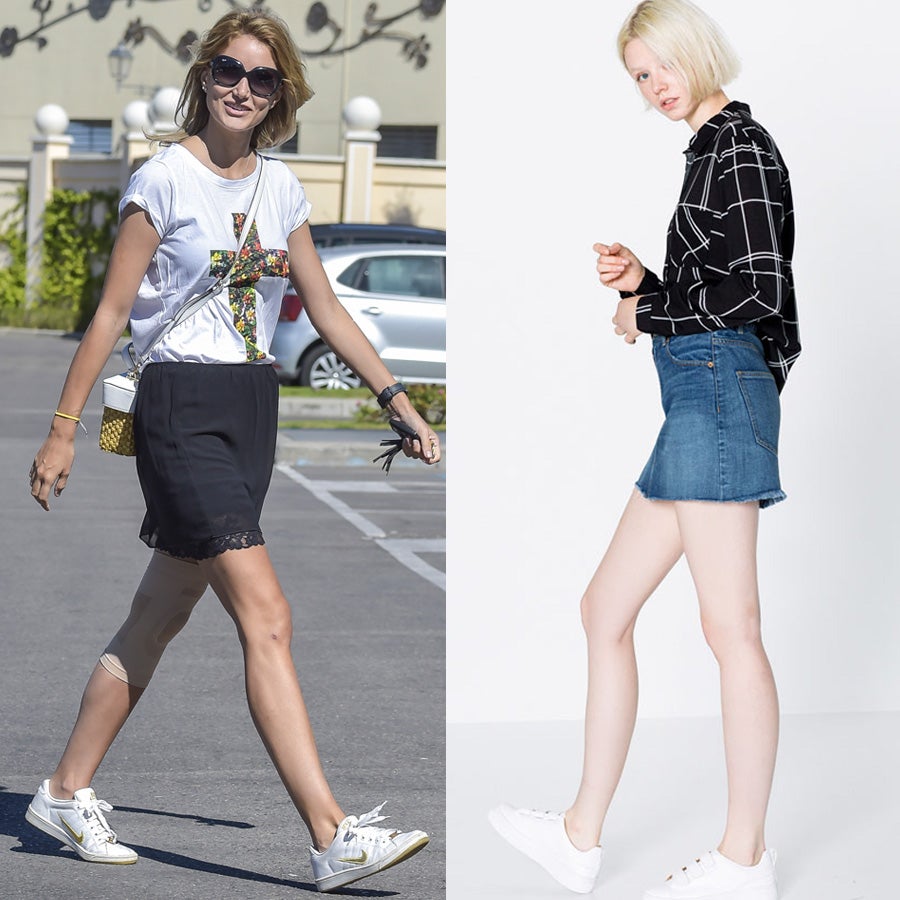 La combinación minifalda + zapatillas blancas siempre nos gusta por lo que la animamos a repetirla con un modelo vaquero y una camisa a cuadros.