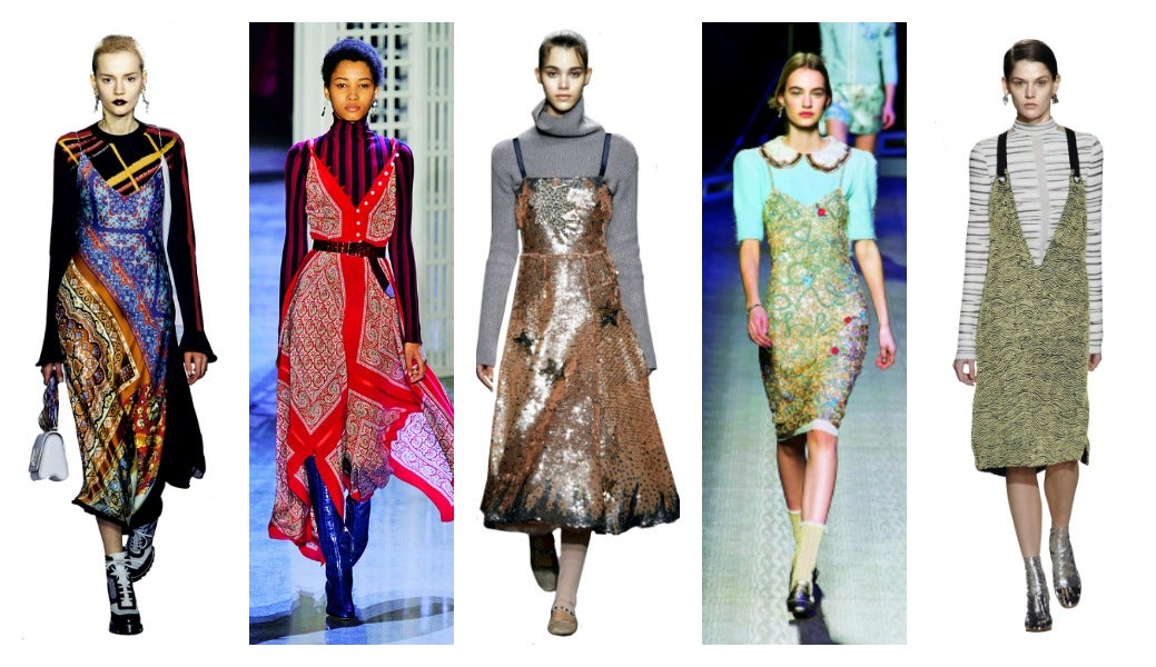 El vestido de tirantes con amplio escote uve adquiere protagonismo absoluto en otoño. Pero en esta ocasión, los directores creativos han debido pensar que las temperaturas de la estación no son muy apropiadas para la tendencia y, al unísono, han optado por combinarlo con un jersey. Adiós al escotazo y bienvenido el confort. (Louis Vuitton, Altuzarra, Proenza Schouler, Tommy Hilfiger, Valentino)