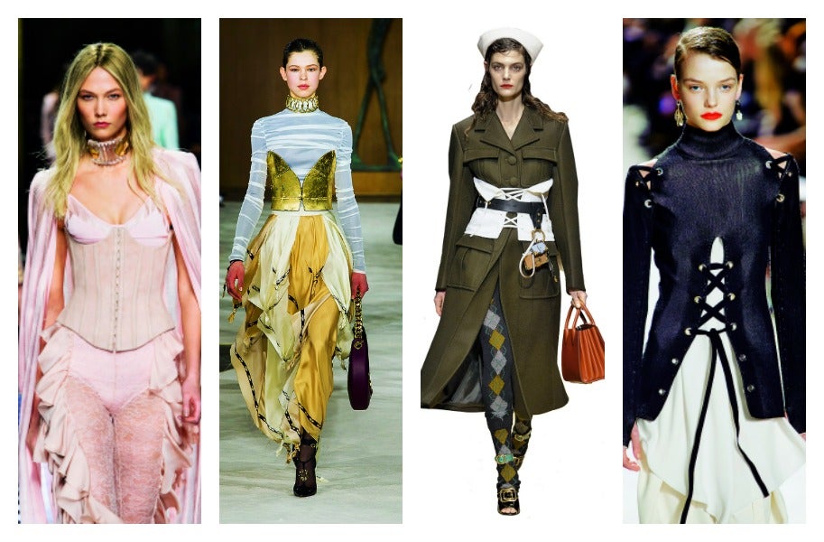 Habrá que ver si las mujeres están por la labor de recuper el corsé, a pesar de que los diseñadores presentan versiones ultralight. En cualquier caso, se atreven con esta prenda controvertida y tan difícil de llevar y combinar. (Loewe, Proenza Schouler, Balmain, Prada)