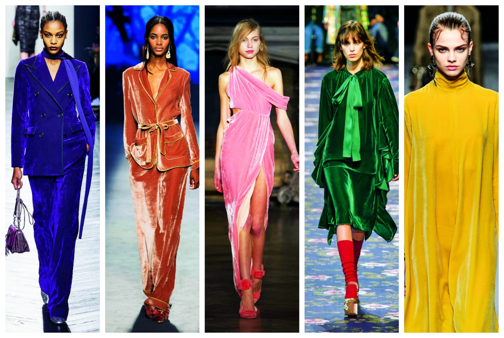 Apreciado desde hace siglos como tejido suntuoso y de sutil sofisticación, en esta estación las firmas lo recuperan en su mejor versión: refinado terciopelo de seda para trajes de día, vestidos de cóctel, chaquetas todoterreno... (Valentino, Bottega Veneta, Alberta Ferretti, Monse, Rochas)