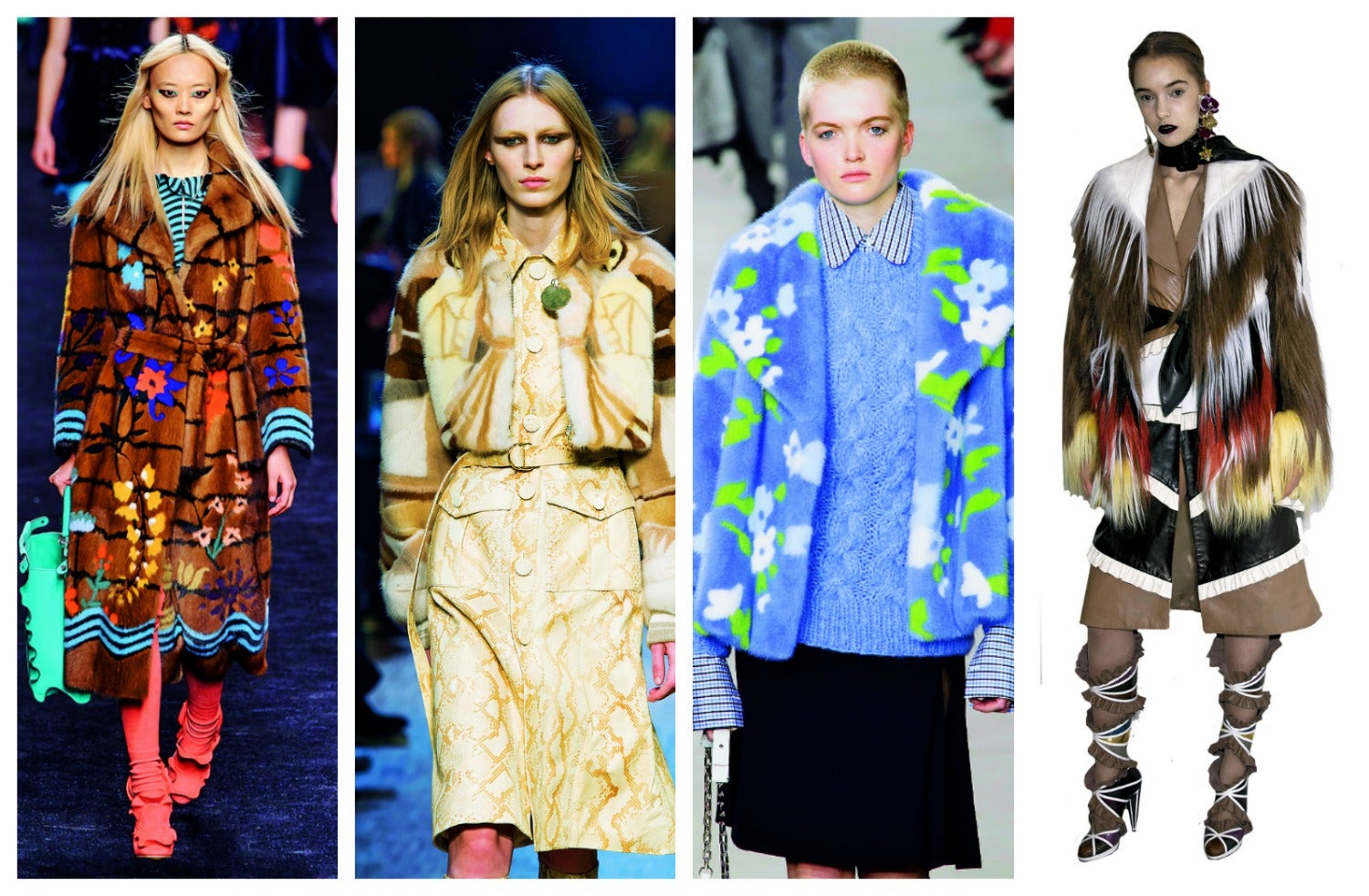 La peletería vuelve con fuerza y da un significativo paso adelante con pieles (en muchos casos sintéticas, pero no en todos) estampadas y de tintes multicolores, con motivos florales, geométricos... Las prendas se rejuvenecen y casas como Fendi proponen colecciones excelentes. (Rodarte, Fendi, Givenchy, Michael Kors)