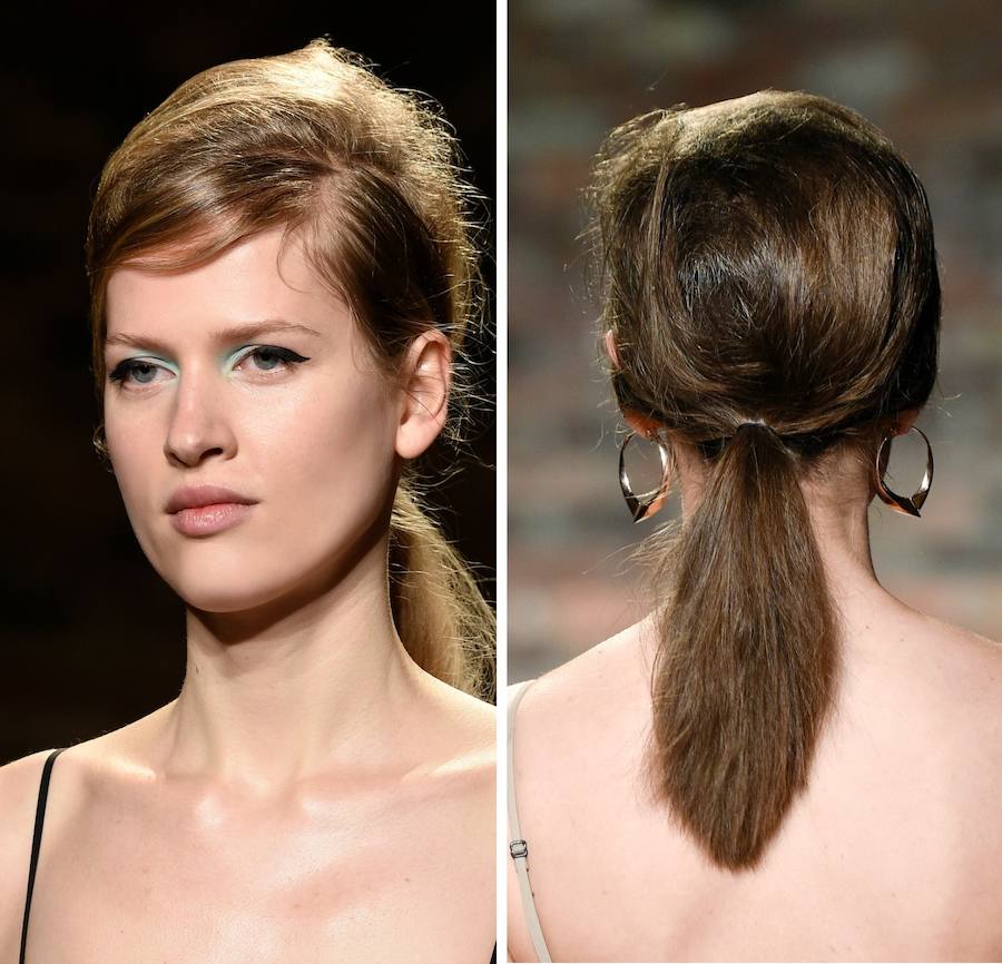 El cardado en la parte superior de la cabeza le otorga al recogido con coleta baja, el volumen clave del peinado.