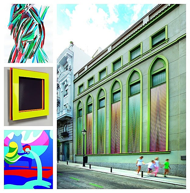 Izda., obras de M. Rountree (galería La caja negra), Rosa Brun (Fernández-Braso) y Todd James (Javier López). Derecha, obra de Carlos Cruz-Díez (Cayón).