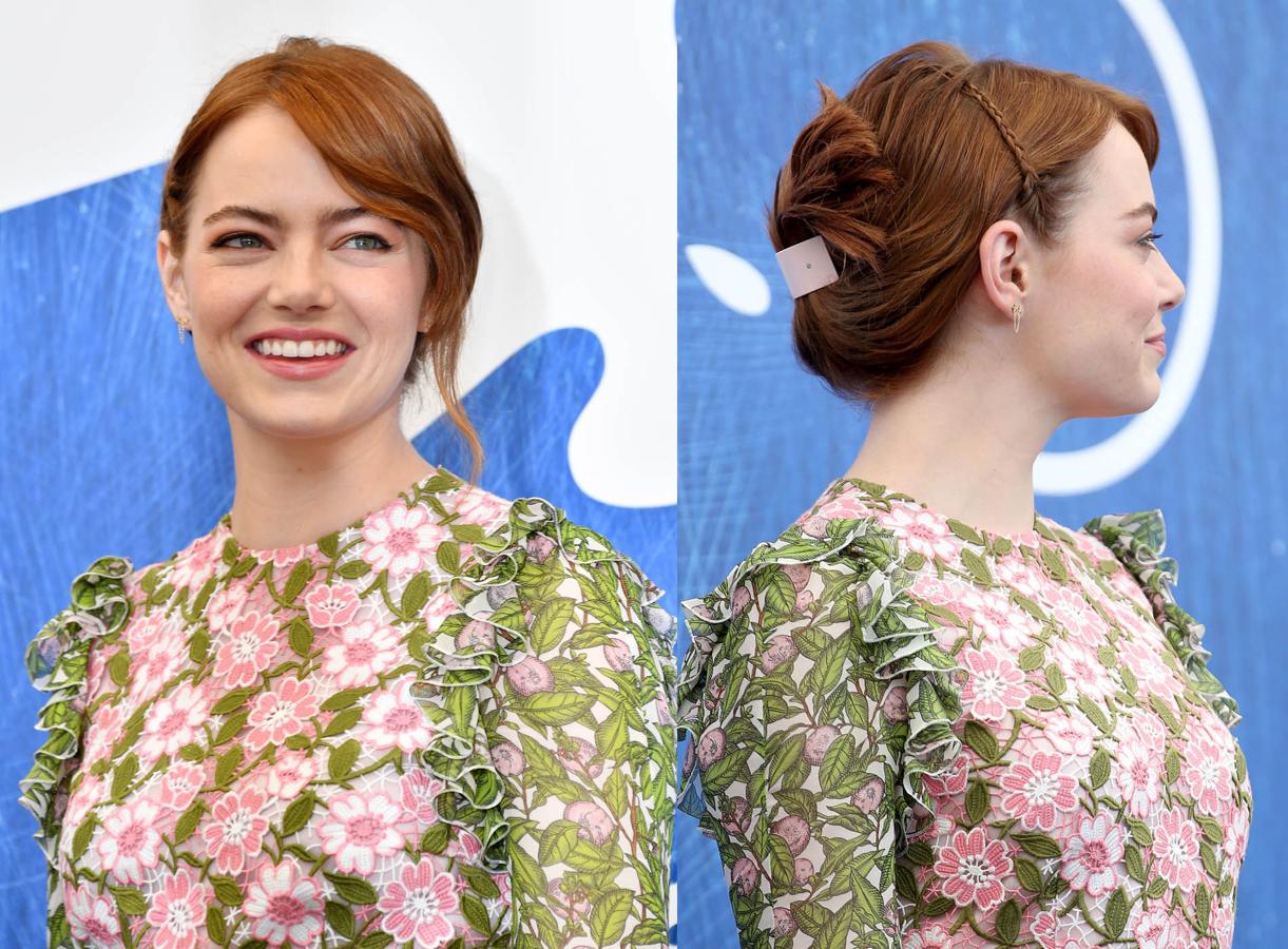 Este sencillo y, a priori, informal recogido que Emma Stone ha lucido en el último Festival de Venecia, es otra de nuestras opciones favoritas para las bodas de otoño. La clave de su éxito radica en el detalle de la mini trenza en uno de los lados y en el mechón suelto en el otro, a modo de falso flequillo lateral.
