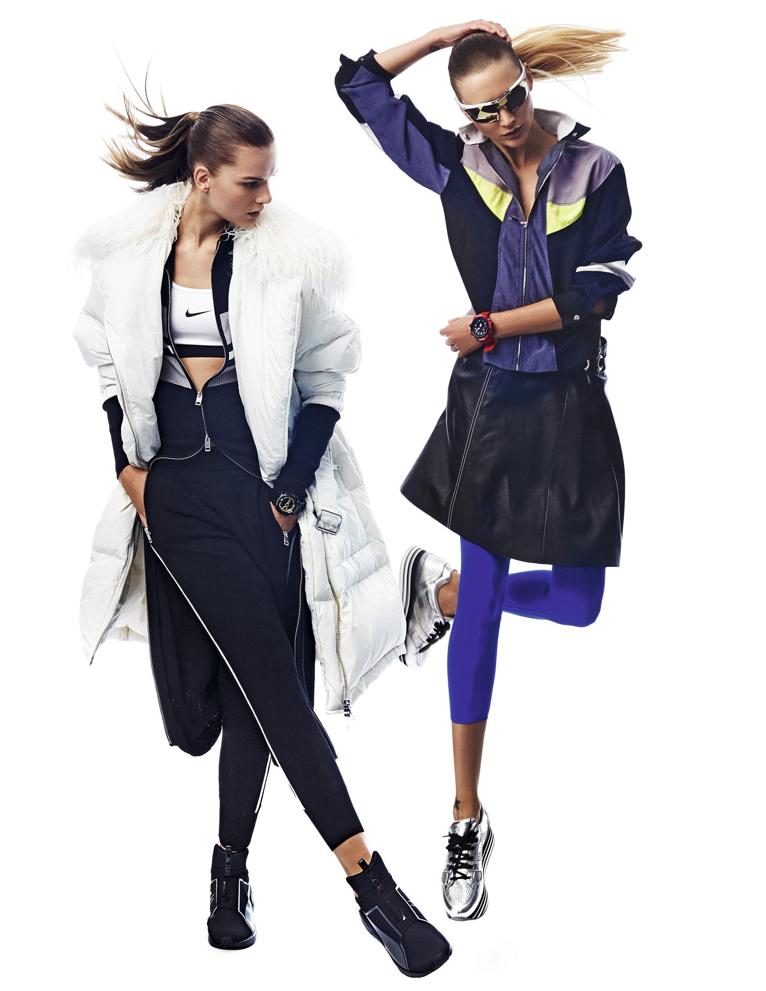 A la izq., abrigo blanco, vestido y pantalón de Diesel. Debajo, top de Nike. Deportivas Puma Fierce y reloj de Casio. La otra modelo lleva cazadora y falda de cuero, de Louis Vuitton. Leggings de Grips, deportivas plateadas de Hogan, reloj de Casio y gafas de Nike. Estilismo: José Herrera. Maquillaje: LOréal Paris. Peluquería: Leo Pereira para Redken. Asistente de estilismo: Fran Jymz y Samuel Sanz. Asistente de fotografía: Yamel Jaltota.
